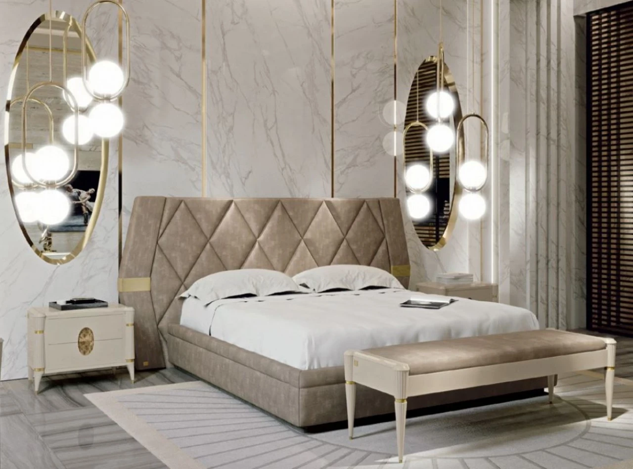 Ellipse bed 9050 in fabric or leather, for a contemporary bedroom set made to order