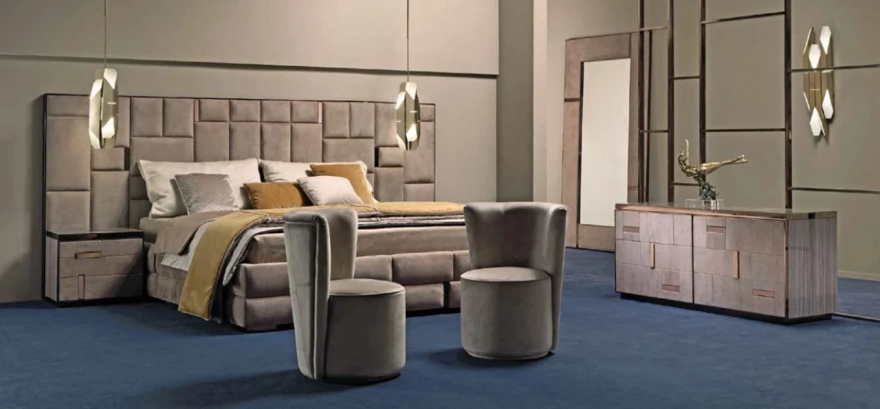 Cromo bed with padded headboard, contemporary bedroom furniture made to order in Italy