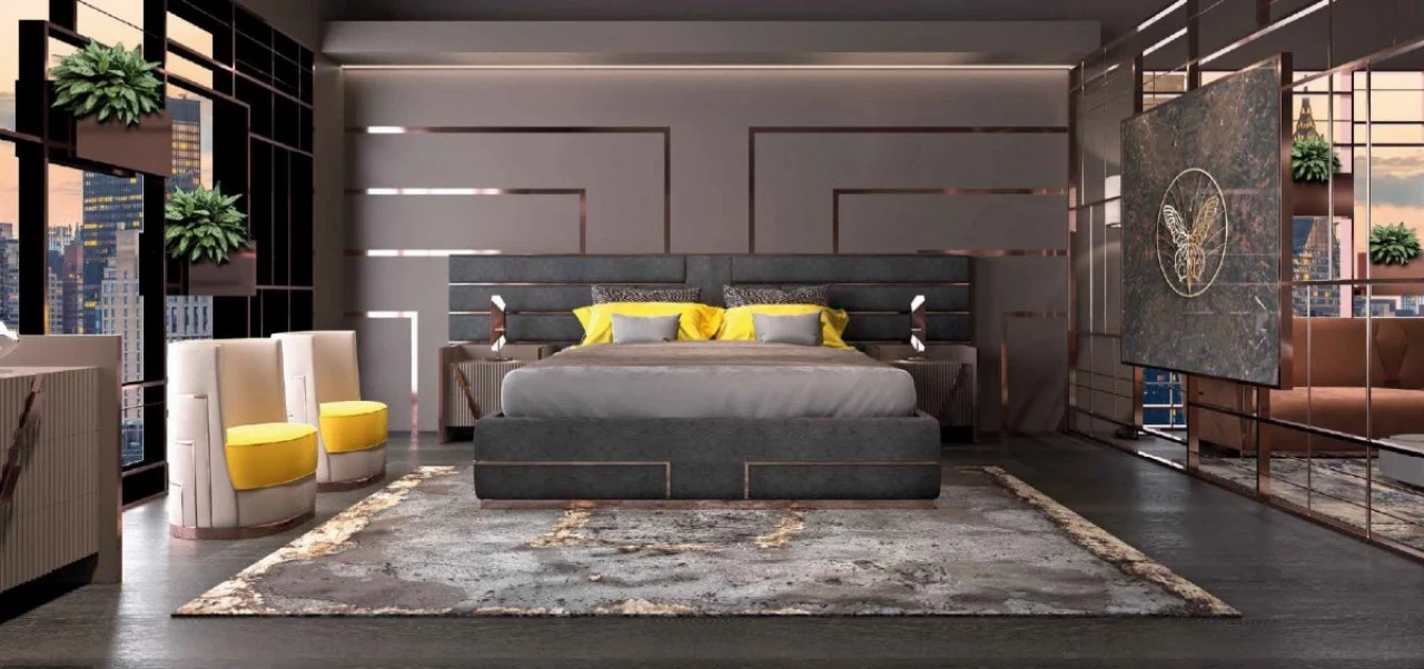 Mochi bed with steel base, furniture for a modern master bedroom, made in Italy