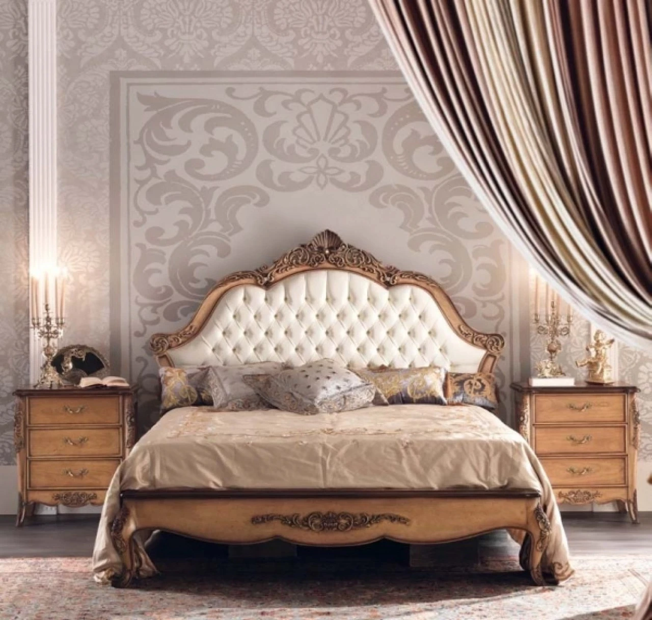 Gran Guardia upholstered wooden bed 2054, a classic bed carved by hand in cherry