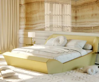 Letto imbottito contemporaneo Lotus in pelle oro, letto italiano moderno