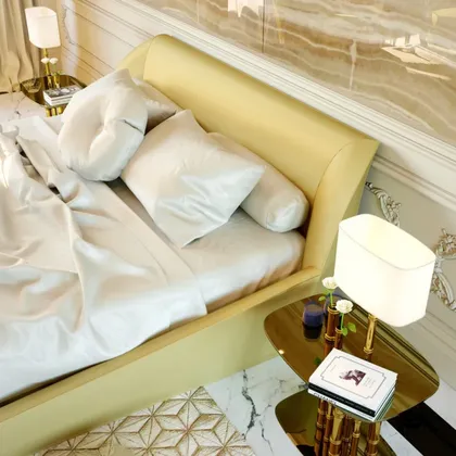 Letto imbottito contemporaneo Lotus in pelle oro, mobili italiani di alta gamma