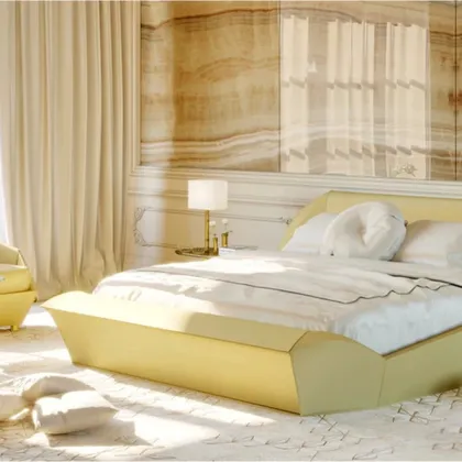 Letto imbottito contemporaneo Lotus in pelle oro, arredi di lusso per interni