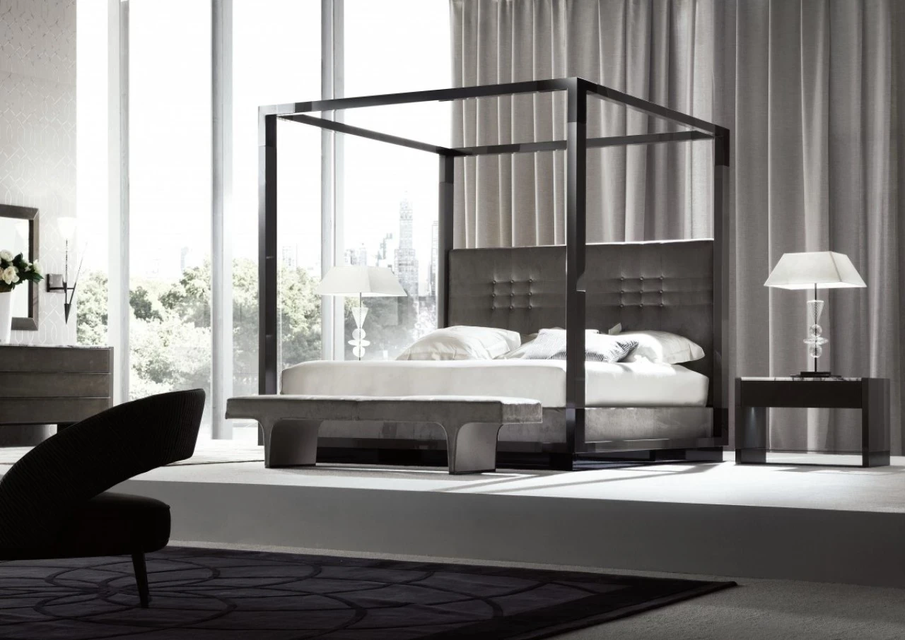 Four-poster bed in grey gloss lacquer with a bench at its foot, designer furniture from Italy