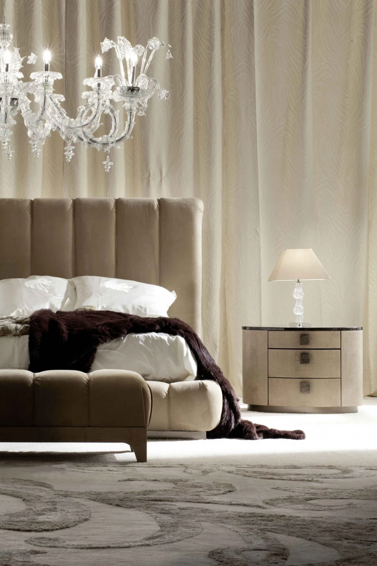 Lifetime upholstered bed, second view, contemporary bedroom furniture made to order in Italy