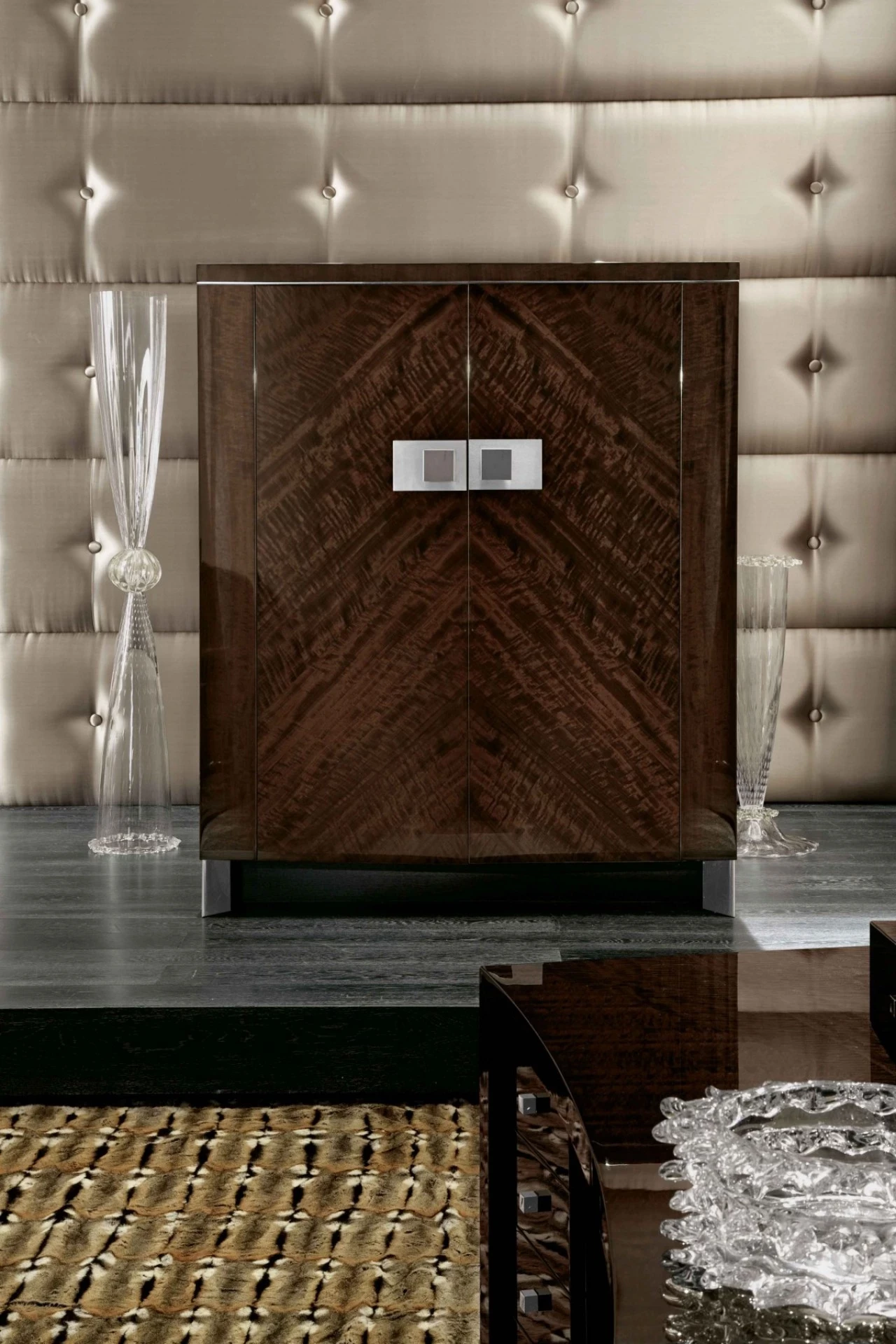 Vogue armoire in curly eucalyptus, for a contemporary bedroom set made to order