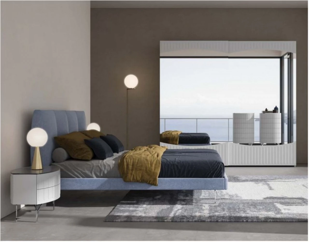 Oceano upholstered bed, second view, for a modern luxury bedroom, made in Italy
