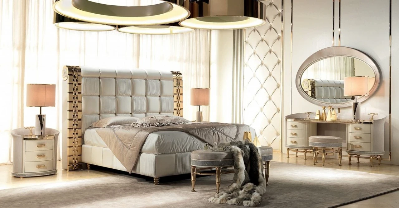 Lilium royal bedroom in wood and leather, with 24K gold finishes, made in Italy