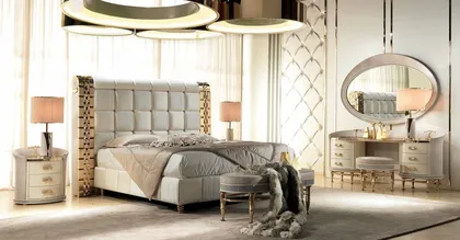 sq Luxury Bedroom Setwith Gold Finishes , Wood , Leather Lilium Collection, exclusive furniture