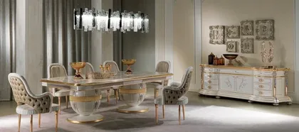 Tavolo da pranzo, Credenza con intarsi in madreperla e ottone, Poltrona, arredamento di lusso