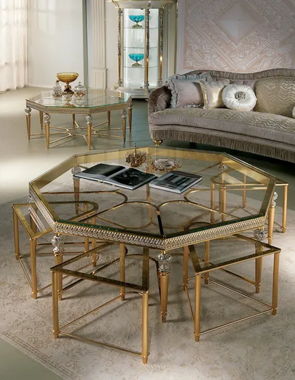 Central Octagonal Table in Wood With Glass Top And Metal Decoration, luxury classic furniture