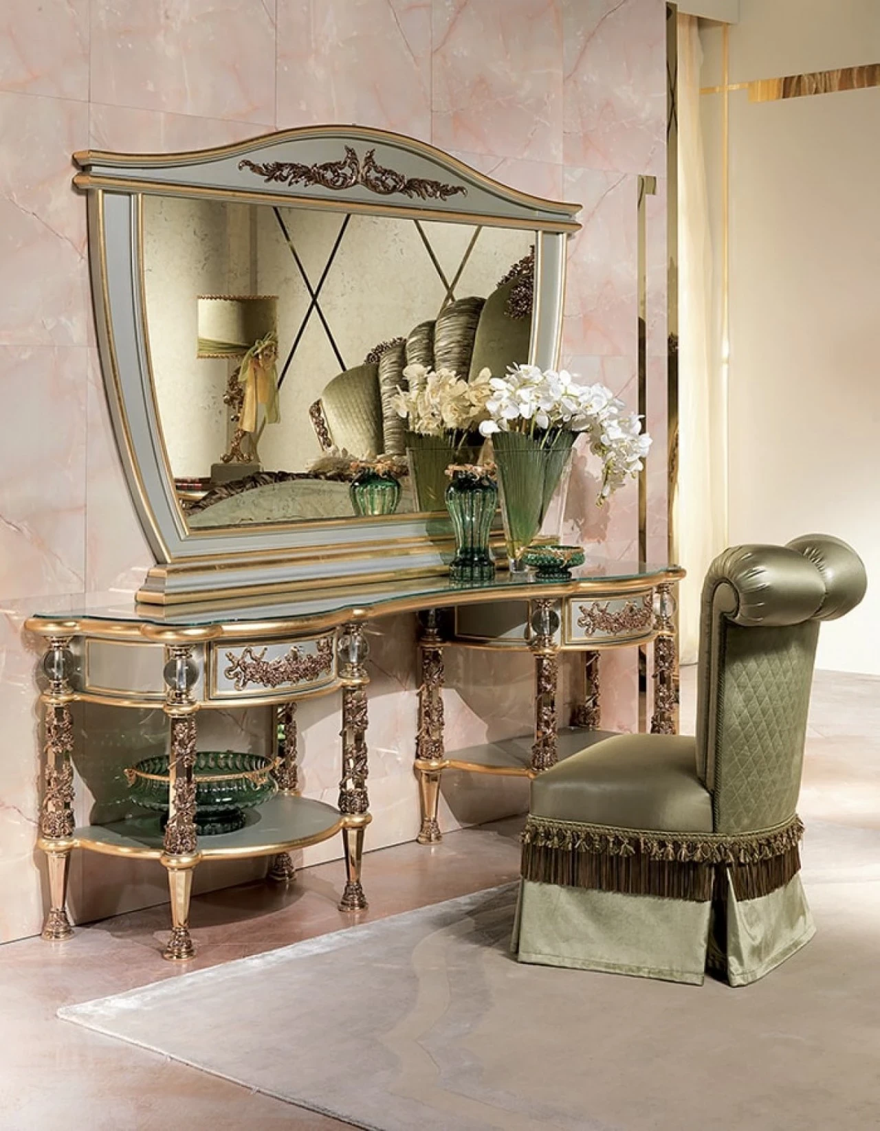 Essence bedroom pieces with brass handles, for a classic master bedroom