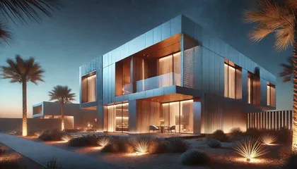 Coordinated facade materials and warm outdoor lighting on a modern villa